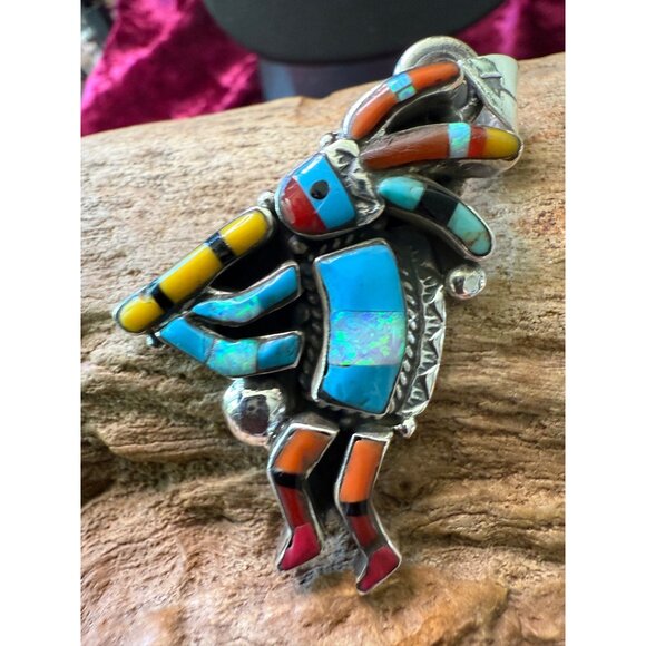 Zuni Kokopelli Inlay Pendant Sterling Silver & Gemstone Tribal Design 2" - Picture 5 of 6